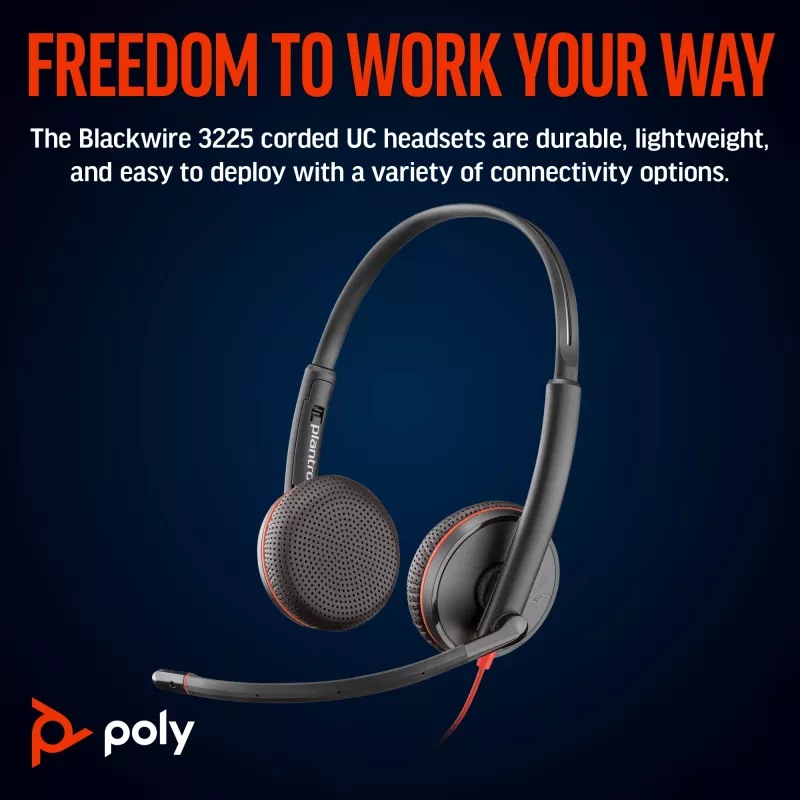 HP Poly Blackwire 3225 stereo USB-C-kuulokemikrofoni +3,5 mm liitäntä +USB-C/A-sovitin (Bulk)