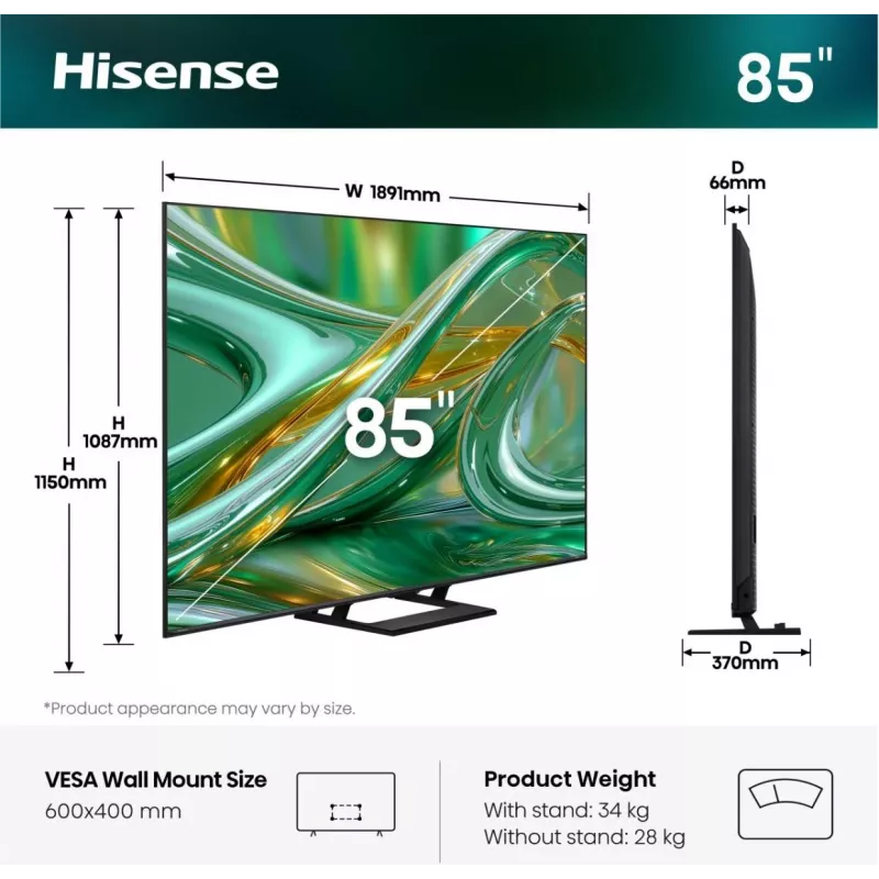 Hisense 85E8S 85 tuuman ULED 4K Mini LED älytelevisio, 3840×2160, 400 cd/m², Wi‑Fi, HomeOS (harmaa)