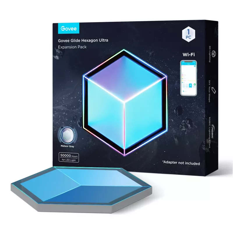Govee Glide Hexagon Light Panels Ultra -älyseinävalosarjan laajennuspakkaus – Wi-Fi/Bluetooth, 36 V tulo, harmaa