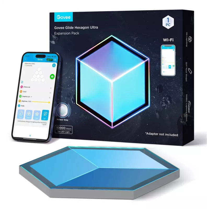 Govee Glide Hexagon Light Panels Ultra -älyseinävalosarjan laajennuspakkaus – Wi-Fi/Bluetooth, 36 V tulo, harmaa