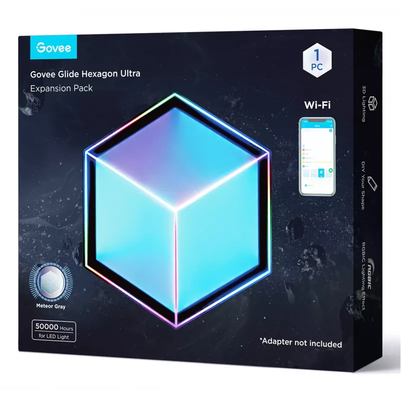 Govee Glide Hexagon Light Panels Ultra -älyseinävalosarjan laajennuspakkaus – Wi-Fi/Bluetooth, 36 V tulo, harmaa