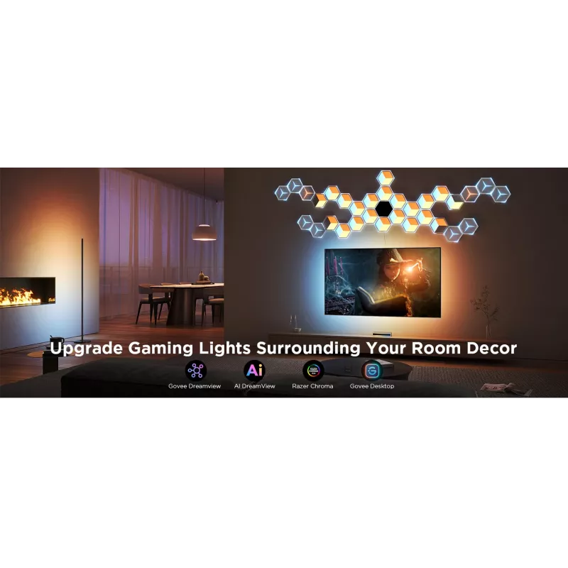 Govee Glide Hexagon Light Panels Ultra -älyseinävalosarjan laajennuspakkaus – Wi-Fi/Bluetooth, 36 V tulo, harmaa
