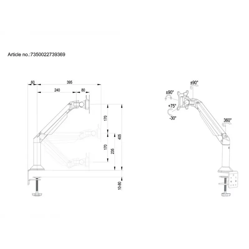 Multibrackets M VESA Gas Lift Arm -työpöytä- tai seinäteline Basic musta puristus/läpivientiasennus 10 kg