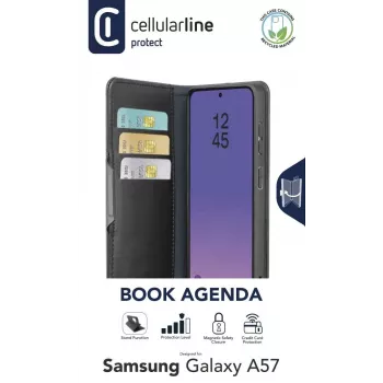 Cellularline Book Agenda 2 - Galaxy A57 kirjamallinen tekonahkakotelo magneettisulkimella, jalustatoiminnolla ja RFID/NFC-suojauksella lähikorteille.