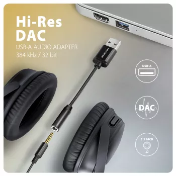 Axagon ADA-HA USB-A - 3,5 mm liitäntä Hi-Res DAC -audiosovitin, 384 kHz/32 bit, stereo