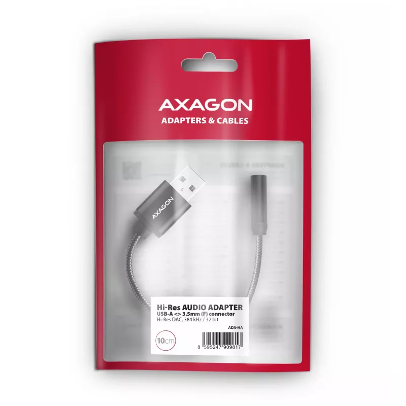 Axagon ADA-HA USB-A - 3,5 mm liitäntä Hi-Res DAC -audiosovitin, 384 kHz/32 bit, stereo