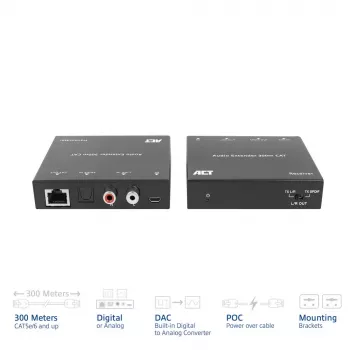 Äänen jatkosarja ACT AC7710 — digitaalinen/analoginen Cat5e/Cat6:n kautta DAC:lla, TOSLINK I/O, jopa 300 m, 5V USB-käyttöinen