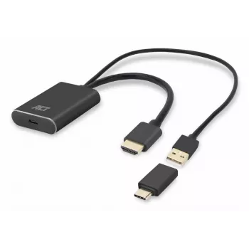 ACT HDMI - USB Type-C naarasadapteri, 4K@60Hz. Kaapelin pituus: 0,25 m, liitäntä 1: USB Type-C, liitäntä 2: HDMI + USB. Määrä pakkausta kohti: 1 kpl