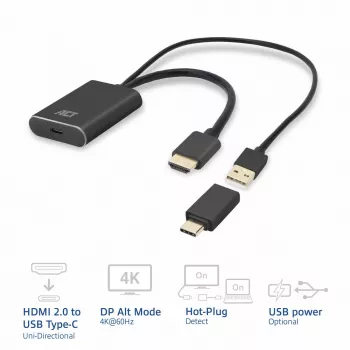 ACT HDMI - USB Type-C naarasadapteri, 4K@60Hz. Kaapelin pituus: 0,25 m, liitäntä 1: USB Type-C, liitäntä 2: HDMI + USB. Määrä pakkausta kohti: 1 kpl