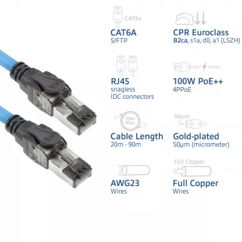 ACT sininen 30 metrin S/FTP CAT6A B2ca PoE++ 100W jäykkä valmis asennuskaapeli, RJ45 pistoke – pistoke