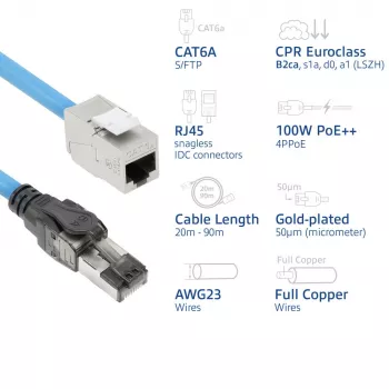 ACT CAT6A S/FTP B2ca PoE++ 100W massiivinen valmis asennuskaapeli RJ45 uros–naaras, 55 m (FB0155)