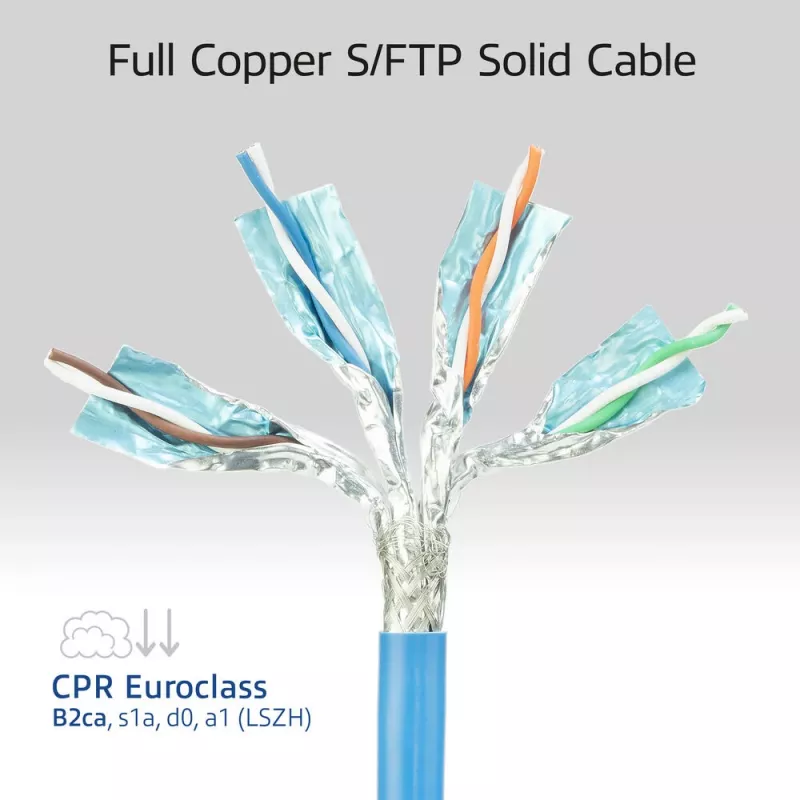 ACT sininen 60 metrin S/FTP CAT6A B2ca PoE++ 100W massiivinen valmis asennuskaapeli, RJ45 uros – naaras