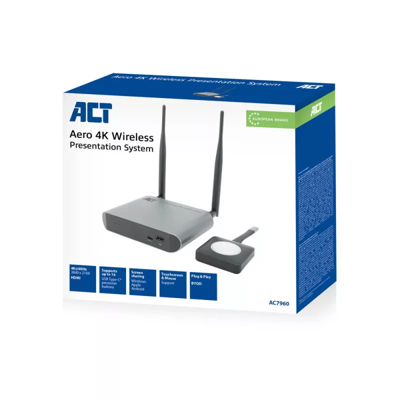 ACT Aero 4K langaton esitysjärjestelmä, pöytämalli, musta, harmaa, 3840 x 2160, 2160p, USB Type-C, USB