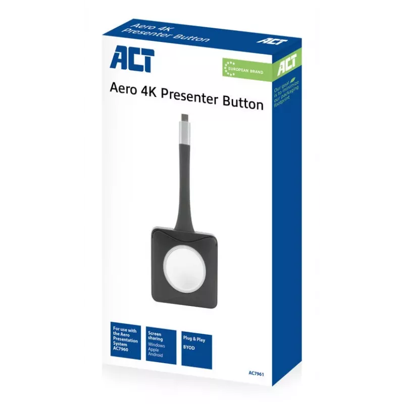 ACT Aero 4K Presenter Button, painikepakkaus, musta, 1 kpl, 3840 x 2160, Aero 4K langaton esitysjärjestelmä, 0 - 40 °C