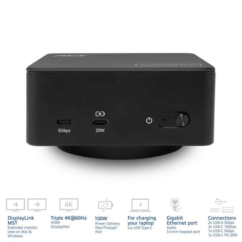 ACT universaali USB-C-telakka 4K, 3 HDMI/DisplayPort-näytölle, DisplayLink
