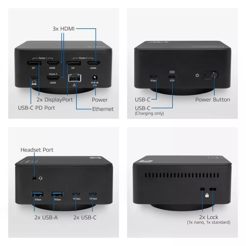 ACT universaali USB-C-telakka 4K, 3 HDMI/DisplayPort-näytölle, DisplayLink