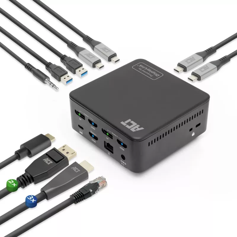 ACT universaali USB-C-telakka 4K, 3 HDMI/DisplayPort-näytölle, DisplayLink