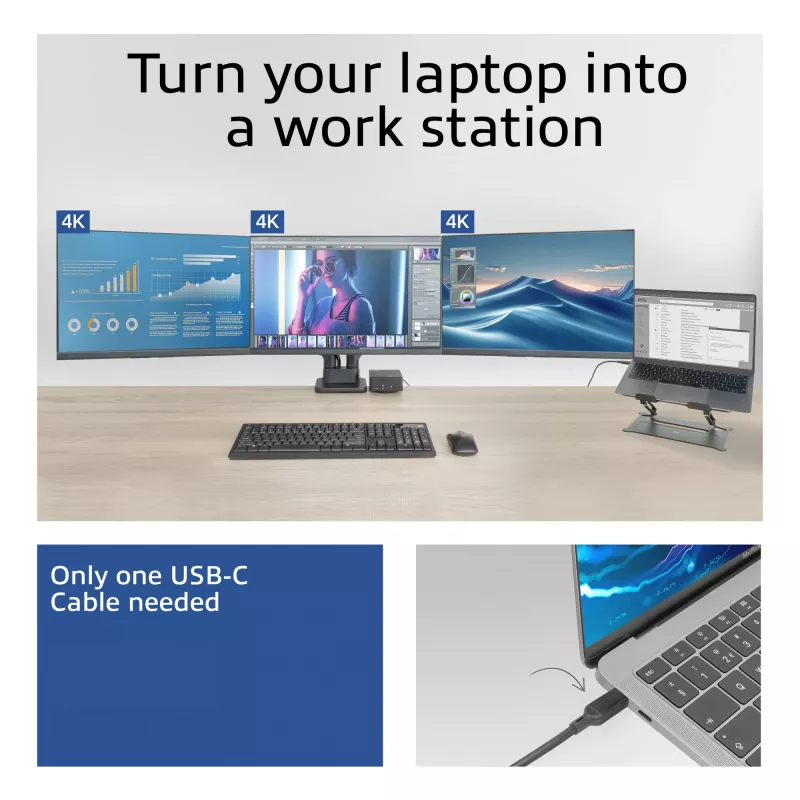 ACT universaali USB-C-telakka 4K, 3 HDMI/DisplayPort-näytölle, DisplayLink