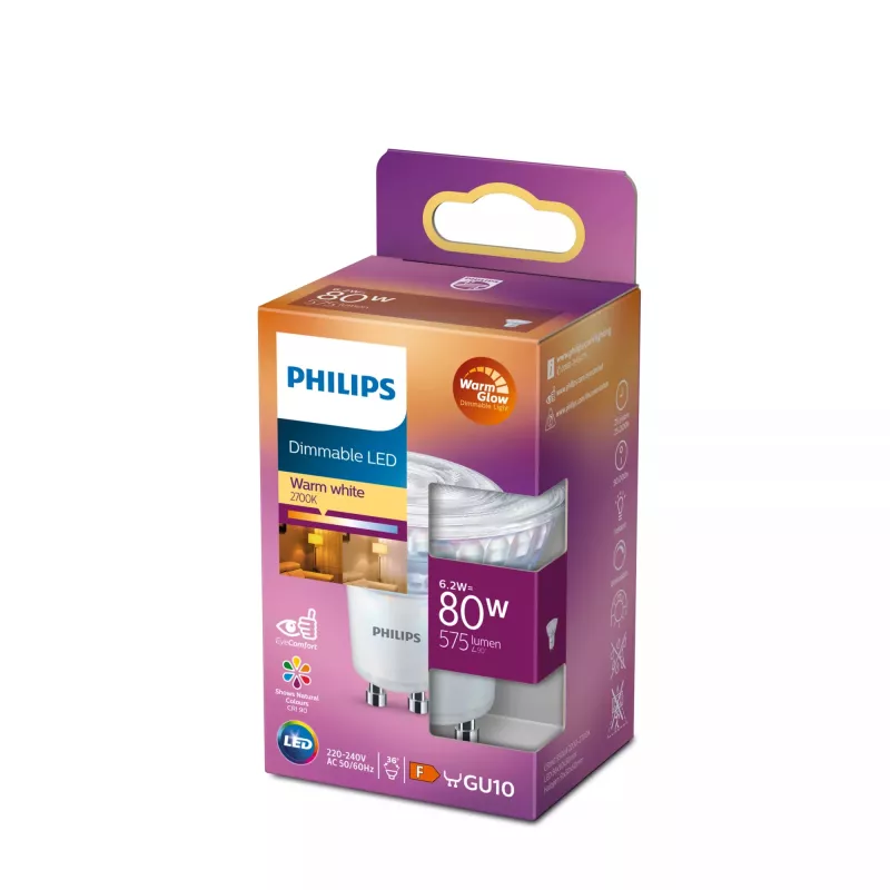 Philips spotti 80W PAR16 GU10, 6,2 W, 80 W, GU10, 575 lm, 25000 h, Warmglow