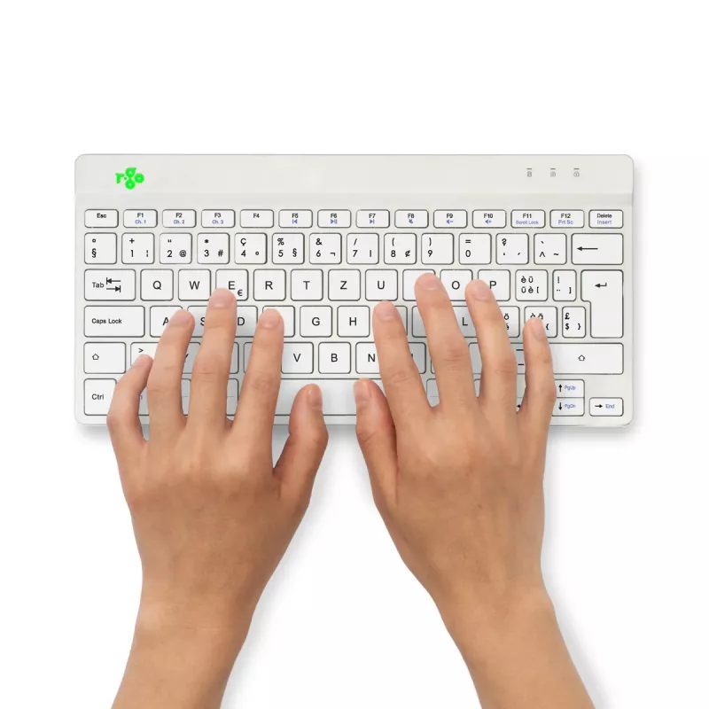 R-Go Tools ergonominen näppäimistö R-Go Compact Break, kompakti näppäimistö tauko-ohjelmistolla, QWERTZ (CH), Bluetooth, valkoinen