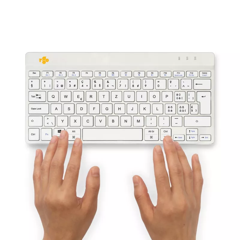 R-Go Tools ergonominen näppäimistö R-Go Compact Break, kompakti näppäimistö tauko-ohjelmistolla, QWERTZ (CH), Bluetooth, valkoinen