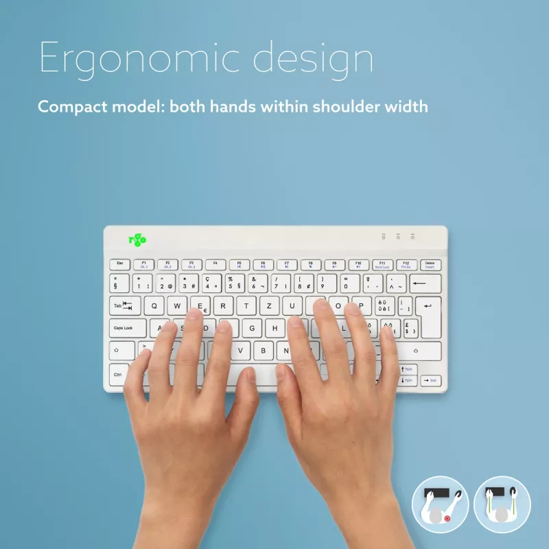 R-Go Tools ergonominen näppäimistö R-Go Compact Break, kompakti näppäimistö tauko-ohjelmistolla, QWERTZ (CH), Bluetooth, valkoinen