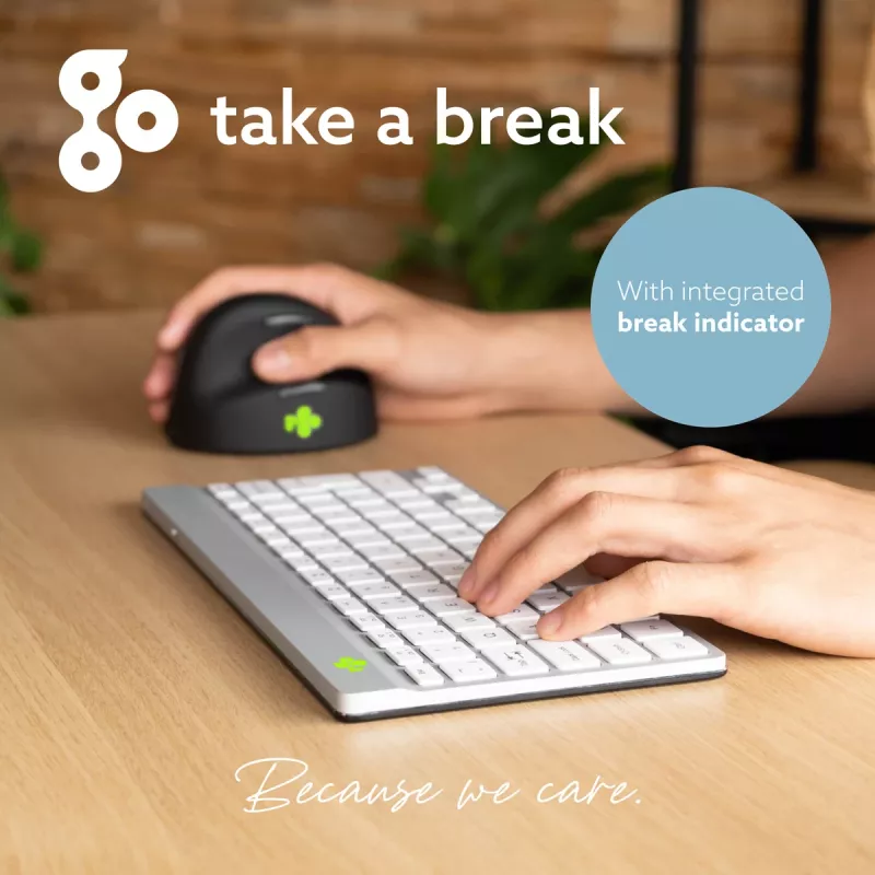 R-Go Tools ergonominen näppäimistö R-Go Compact Break, kompakti näppäimistö tauko-ohjelmistolla, QWERTZ (CH), Bluetooth, valkoinen