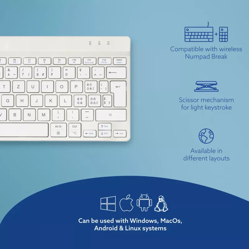 R-Go Tools ergonominen näppäimistö R-Go Compact Break, kompakti näppäimistö tauko-ohjelmistolla, QWERTZ (CH), Bluetooth, valkoinen