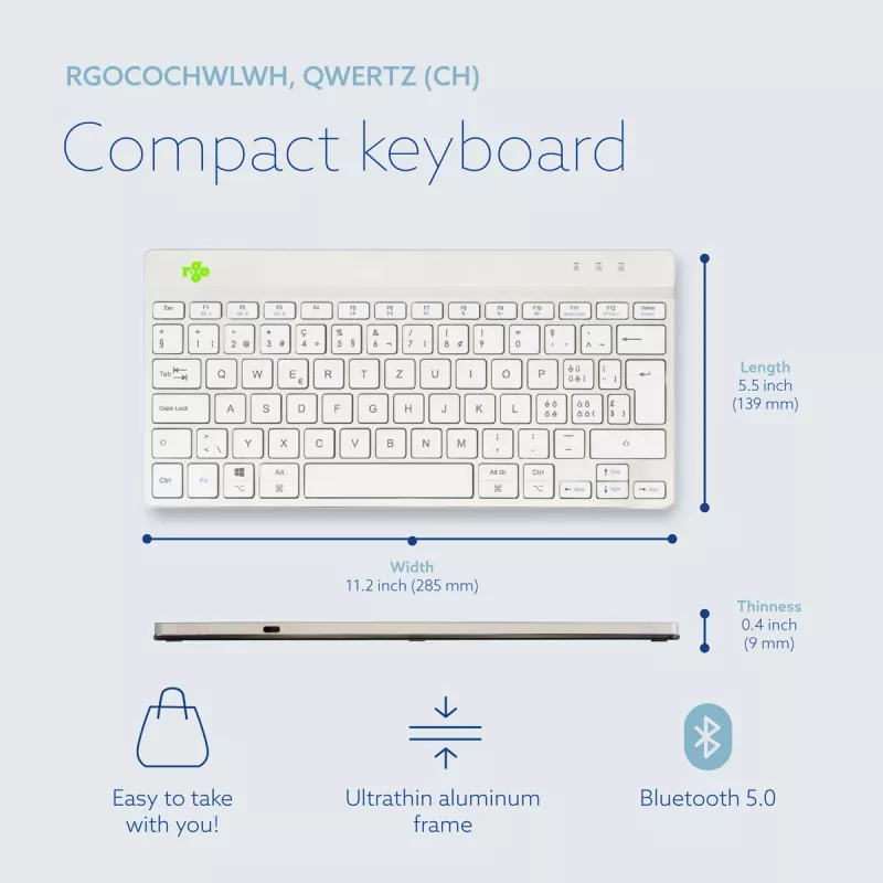 R-Go Tools ergonominen näppäimistö R-Go Compact Break, kompakti näppäimistö tauko-ohjelmistolla, QWERTZ (CH), Bluetooth, valkoinen