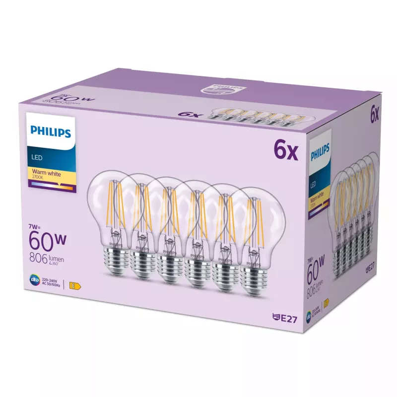 Philips hehkulamppu kirkas 60 W A60 E27 x6, 7 W, 60 W, E27, 806 lm, 15 000 h