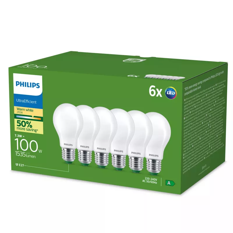 Philips Ultra Efficient LED-lamppu E27 A60, 7,3 W (vastaa 100 W), 2700 K, 6 kpl:n pakkaus