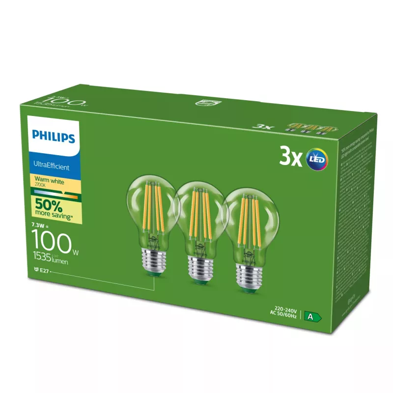Philips Ultra Efficient LED-lamppu E27 A60, 7,3 W (vastaa 100 W), 2700 K, 3 kpl:n pakkaus