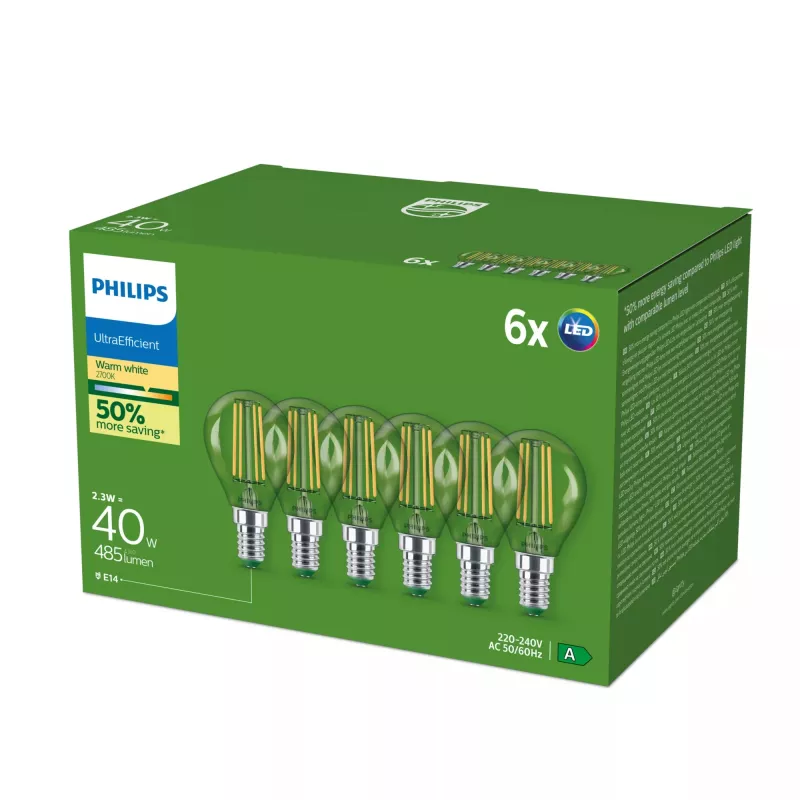 Philips Ultra Efficient LED-lamppu E14 P45, 2,1 W (vastaa 40 W), 2700 K, 6 kpl:n pakkaus