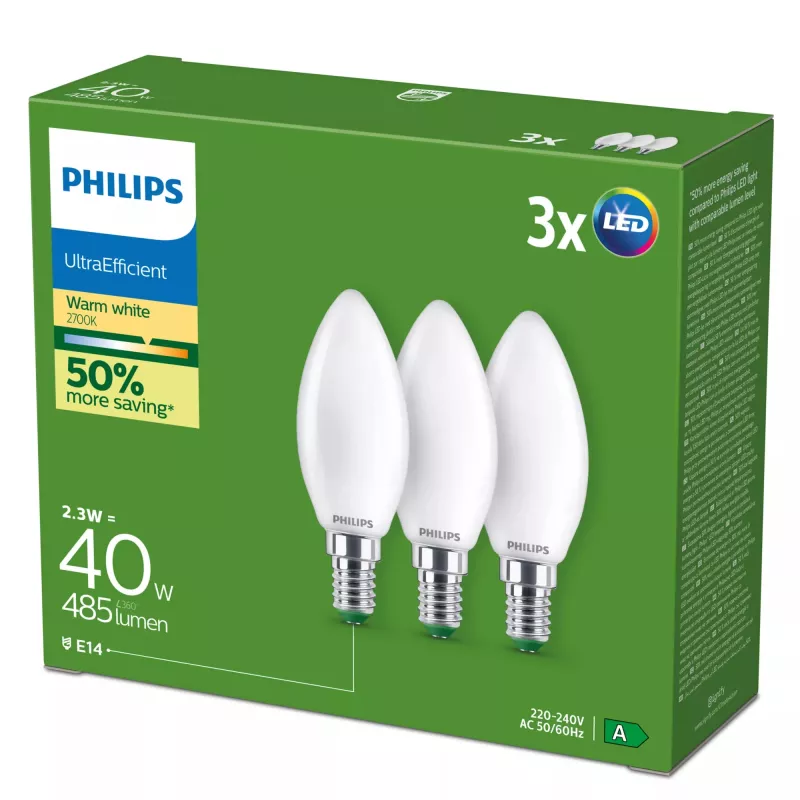 Philips Ultra Efficient LED-lamppu E14 B35, 2,1 W (vastaa 40 W), 2700 K, 3 kpl:n pakkaus
