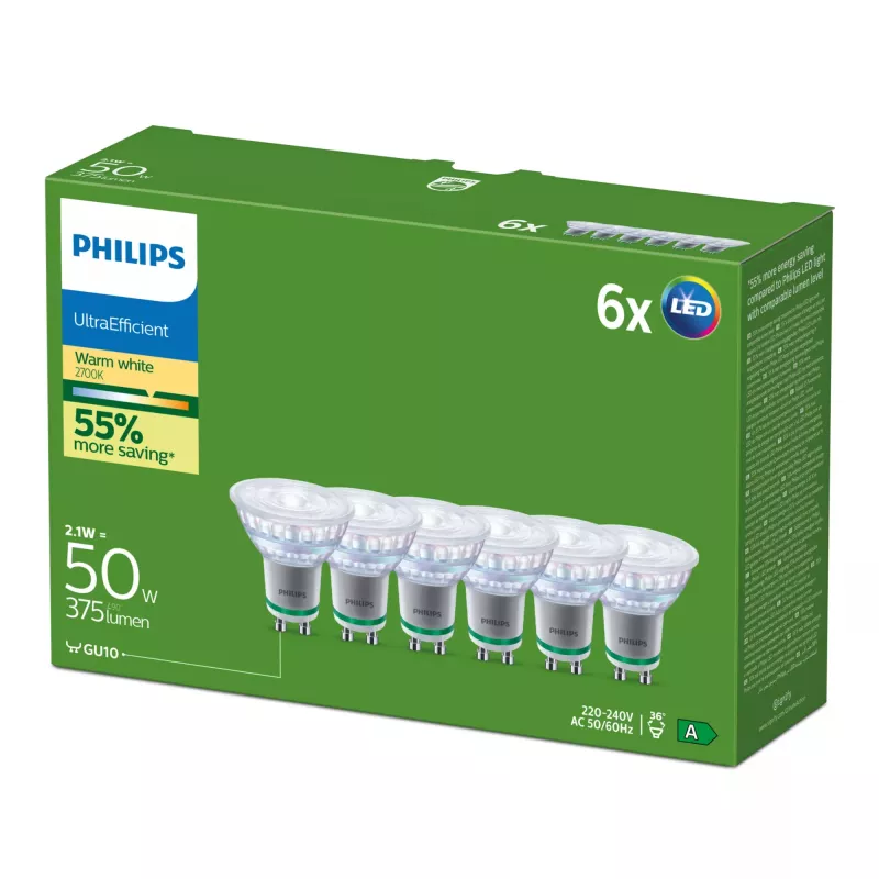 Philips Ultra Efficient LED-lamppu GU10, 2,1 W (vastaa 50 W), 2700 K, 36 astetta, 6 kpl:n pakkaus