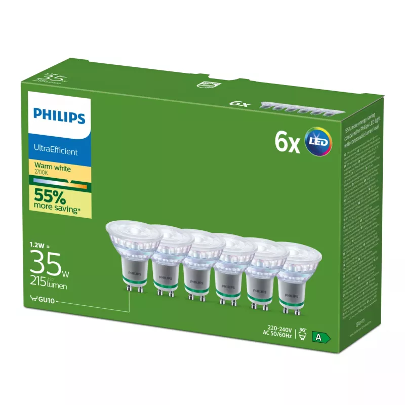 Philips Ultra Efficient LED-lamppu GU10, vastaa 35 W, 2700 K, 36 astetta, 6 kpl:n pakkaus