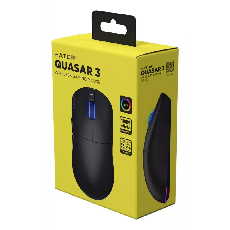 HATOR Quasar 3 Wireless hiiri pelikäyttöön molempikätinen RF Wireless + Bluetooth + USB Type-A optinen 12 000 DPI