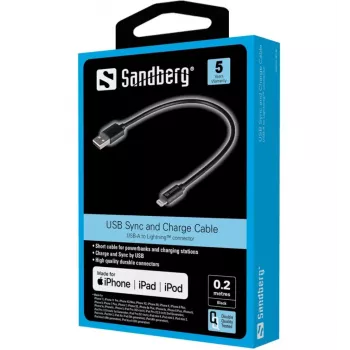 SANDBERG Lightning-sovitin - USB uros Lightning uros - 20 cm - musta - Apple iPad/iPhone/iPod (Lightning)