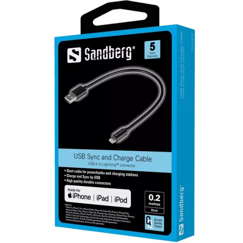 SANDBERG Lightning-sovitin - USB uros Lightning uros - 20 cm - musta - Apple iPad/iPhone/iPod (Lightning)