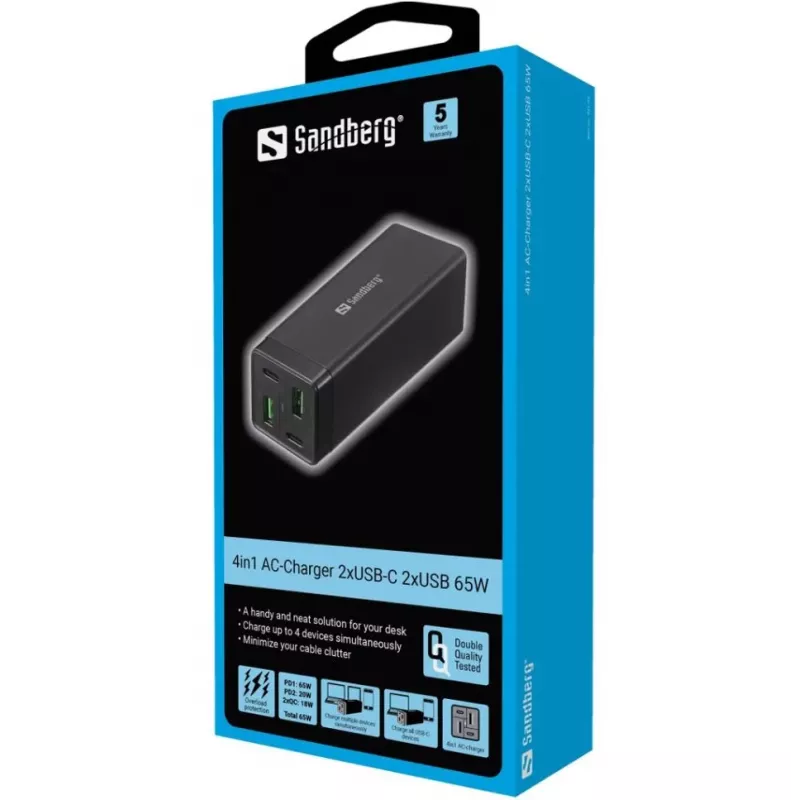 SANDBERG verkkolaite - 65 wattia - 3,25 A - PD, QC - 4 lähtöporttia (2 x USB, 2 x USB-C)