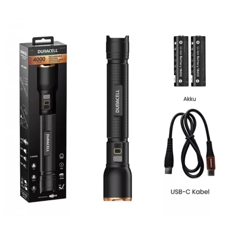 Taskulamppu Duracell DF4000R musta – ladattava käsivalaisin, kompakti muotoilu