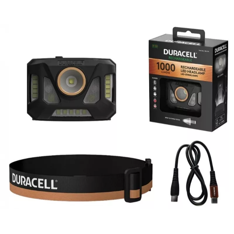Otsalamppu Duracell DH1000R — musta/oranssi, ladattava kädetön valo