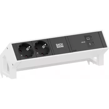 Bachmann DESK2 -pistorasia, jossa 2x CEE 7/3 -pistorasiaa ja 1x USB-C PD 100W, kaapeli 0,2 m, RAL9010