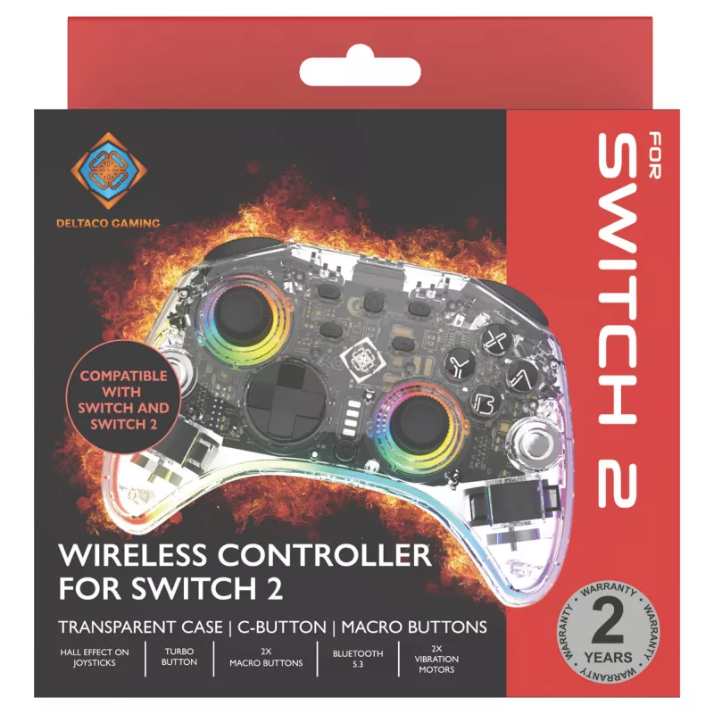 Peliohjain Deltaco Gaming GAM-198-T läpinäkyvä Bluetooth/USB USB-C Nintendo Switch, Switch 2, Switch OLED, Android, PC