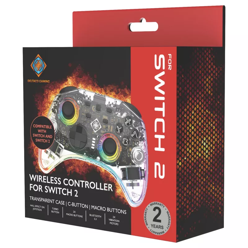 Peliohjain Deltaco Gaming GAM-198-T läpinäkyvä Bluetooth/USB USB-C Nintendo Switch, Switch 2, Switch OLED, Android, PC
