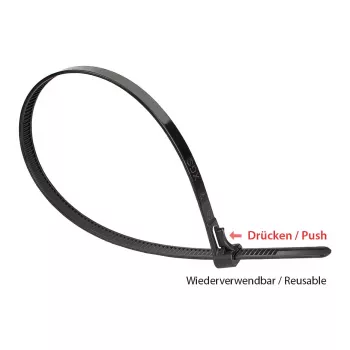 Uudelleenkäytettävä kaapeliside 150 mm x 7,2 mm, musta, UV-kestävä, -40 °C – +85 °C, 100 kpl (KAB-R15S72)