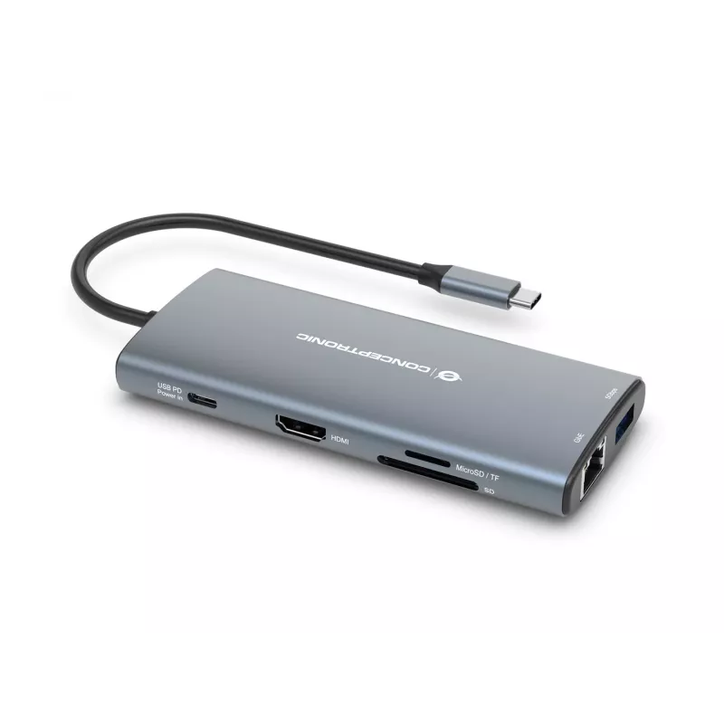 CONCEPTRONIC 10-1 telakka USB-C->HDMI/2xUSB-C/3xUSB-A/+ 20cm gr