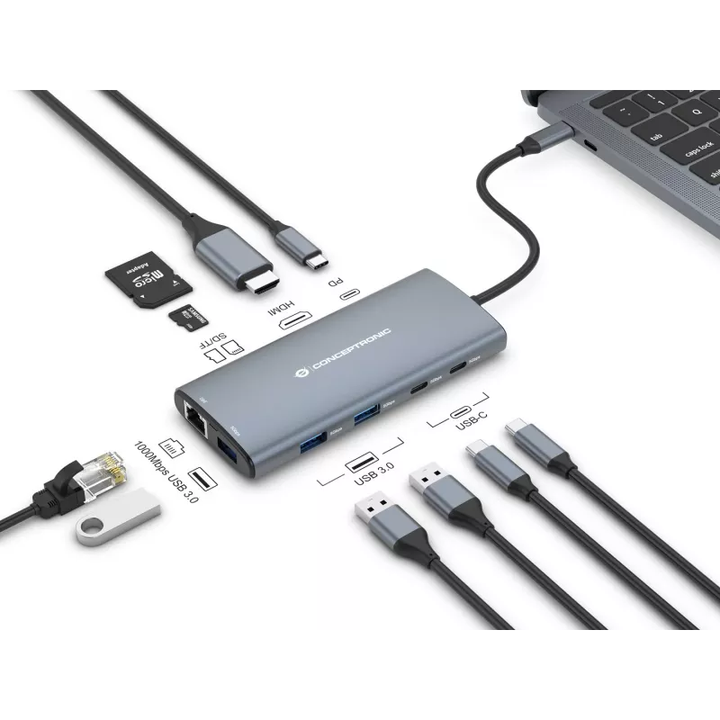 CONCEPTRONIC 10-1 telakka USB-C->HDMI/2xUSB-C/3xUSB-A/+ 20cm gr