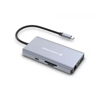 Conceptronic DONN20G 10-in-1 USB 3.2 Gen 1 -telakointiasema, HDMI, VGA, USB-A 5 Gbit/s, USB-C 5 Gbit/s, SD, TF/MicroSD, ääni, GbE LAN, 100 W USB PD