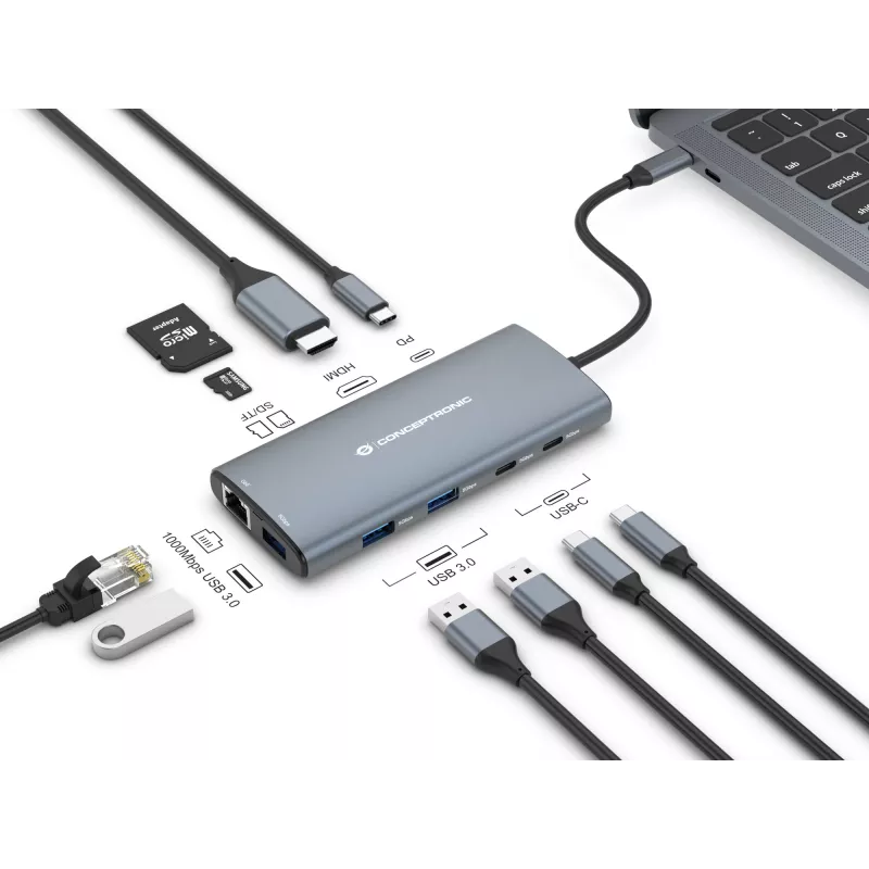 Conceptronic DONN06G 10-in-1 USB 3.2 Gen 1 -telakointiasema, HDMI, 100 W USB PD, USB-C 5 Gbit/s x 2, USB-A 5 Gbit/s x 3, SD, TF/MicroSD, GbE
